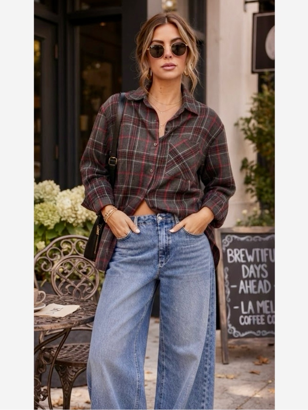 La Miel Plaid Oversized Shirt Gray Red Button Front Long Sleeve Top Small NWT